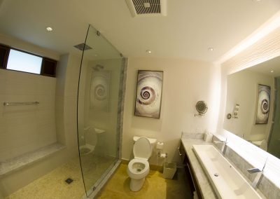 With a rain shower, back lite mirror, and beautiful sink, the bathroom is stunning.
