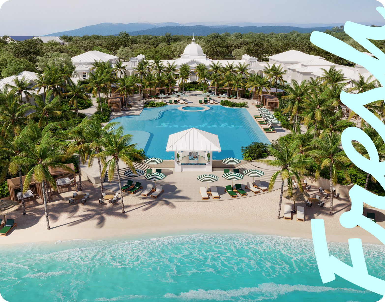 Rendering of the reimagined Sandals South Coast pool area, reopening November 18, 2026
